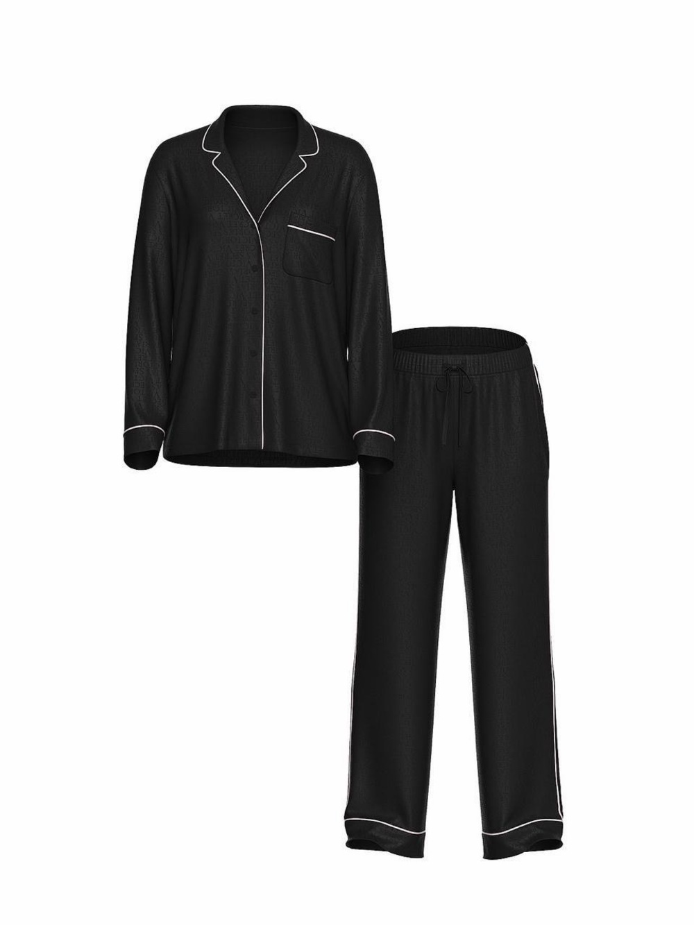 Victoria's Secret Signature Satin Long Pajama Set in Black with White Pipping.